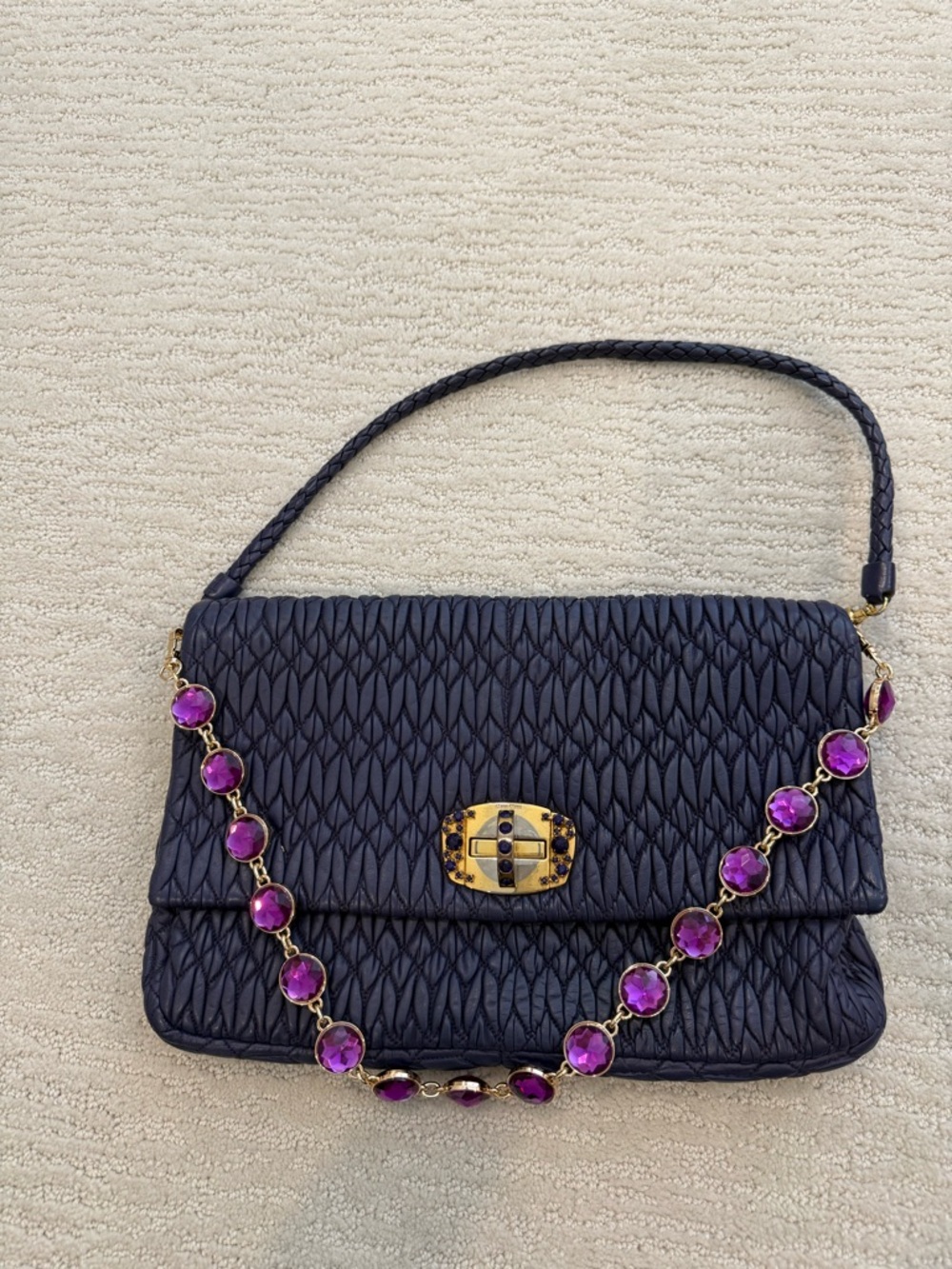 Miu Miu Matelasse quilted shoulder flap bag with jewel chain